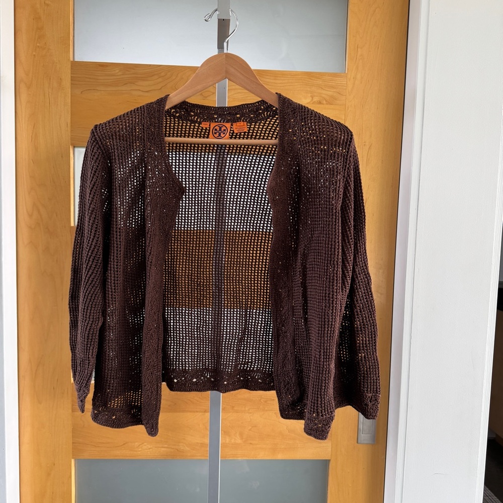 Tory Burch Chocolate Open-Knit Cardigan